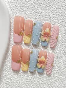 10Pcs Gentle Floral Style Handmade Nail Art Set,Polygel Nail Set,Starfish, Golden Pearl Nail Art Accessories,A Fresh And Refined Style,Includes Nail Tools,3 Sizes Available,Almond Nails , Duck Nails,Coffin Nails For Party, Dance, Daily Wear. - 彩色 - 查看 4