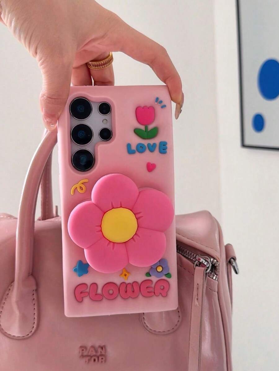 Heart S25/S23/S24 Phone Case, Pink Floral Design With Expandable Stand, Silicone Case Compatible With Samsung A16, A25, A36, S24 Ultra, S23, S22, S24 Plus