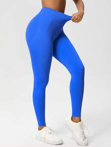 Quần legging yoga nữ, quần bó yoga cạp thấp có gân, quần legging tập thể dục, quần yoga không đường may, quần bó thể thao co giãn. - Màu xanh lam - Xem 7