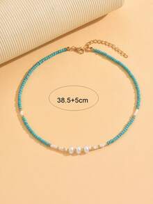 1 pieza Collar de mujer estilo bohemio con decoración de perlas falsas y cuentas de turquesa, joyería de estilo veraniego de playa, regalo para el Día de la Madre - Verde y blanco - Ver 3