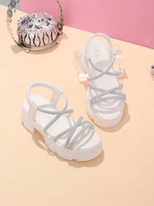 1 Pair Children's Summer Silver Rhinestone High Heel Sandals, Criss-Cross Strap Kids Thick Sole White Sandals, Minimalist Solid Color Versatile Elastic Band Casual Sandals, Suitable For Daily Wear And Matching Outfits - White - View 1