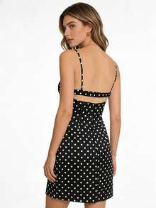 Vestido de fiesta sin mangas con tirantes finos y estampado de lunares para mujer, minivestido ajustado de encaje y patchwork, ideal para vacaciones y cócteles. - Negro - Ver 6