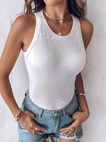 Ribbed Tank Tops For Women Built In Bra High Neck Racerback Shelf Bra Summer Casual Comfortable Yoga Shirts Sleeveless Undershirt - 白色 - 查看 7
