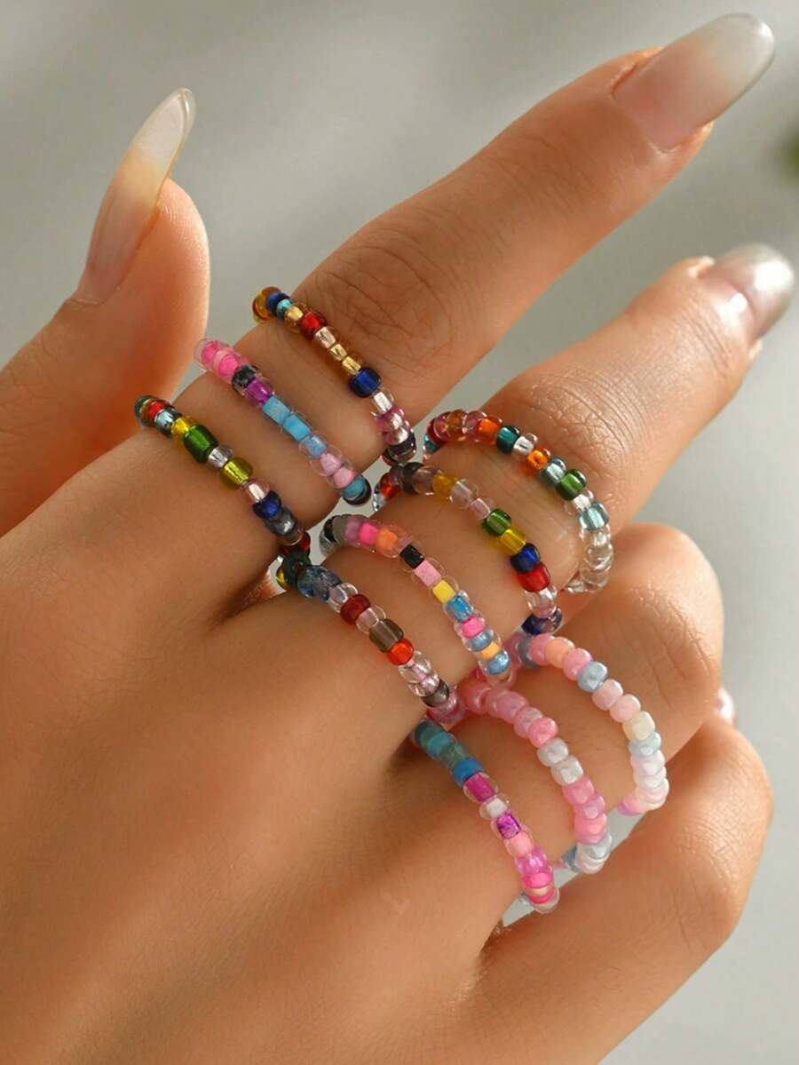 10 piezas/20 piezas/25 piezas/30 piezas/Set Anillos de mujer estilo bohemio con cuentas de colores para uso diario y vacaciones (Color de las cuentas aleatorio) - Multicolor - Ver 1