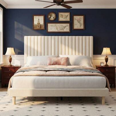 Full Size Bed Frame, Upholstered Platform Bed Frame Queen Size With Vertical Channel Tufted Adjustable Headboard, Strong Wooden Slats Support, No Box Spring Needed, Easy Assembly