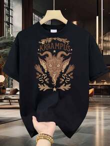 Camiseta de folclore austriaco Krampus para hombre - 100% algodón, negra, con estampado vintage de cabeza de cabra Krampus y texto Krampus, manga corta, cuello redondo, informal, para fiestas navideñas, eventos Krampusnacht y fans de la mitología austriaca. - Negro - Ver 6