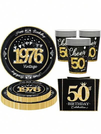 Bộ đồ dùng tiệc sinh nhật lần thứ 50 kiểu cổ điển năm 1946, gồm đĩa, khăn ăn và cốc, màu đen vàng, dùng được cả nam và nữ.