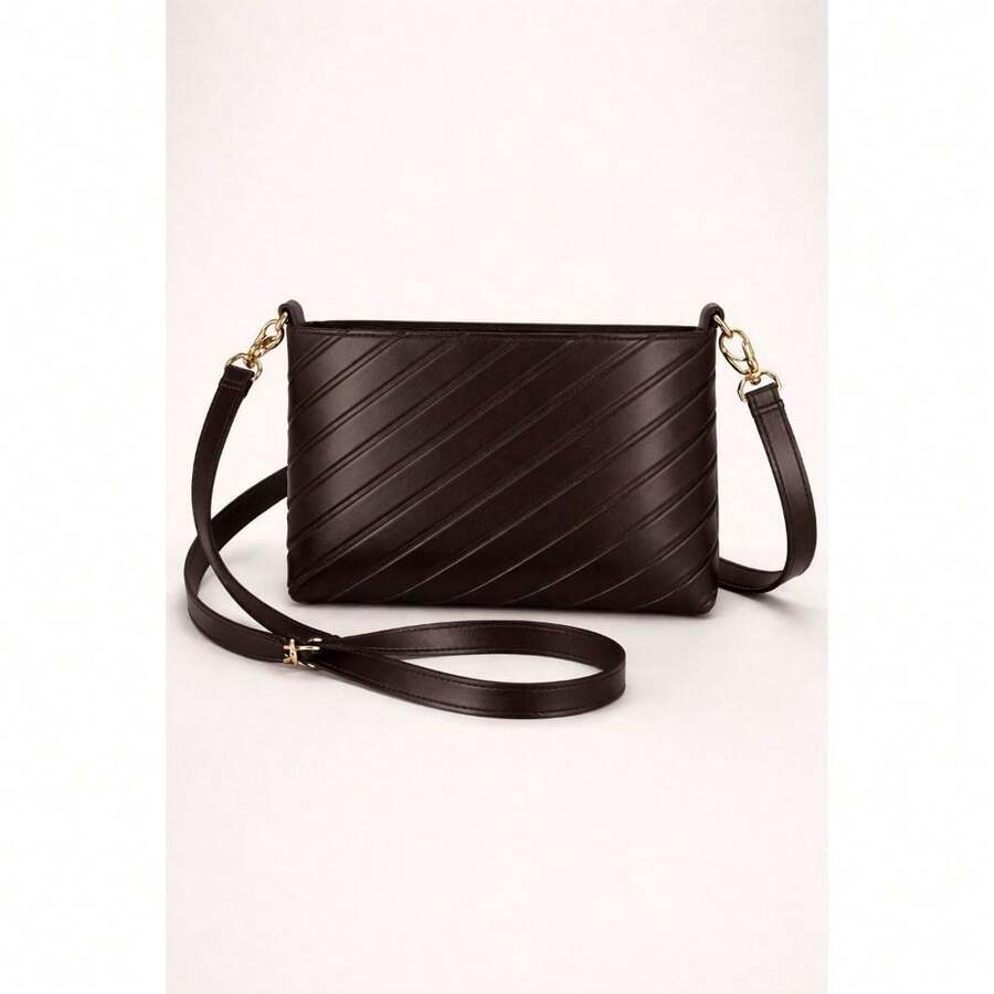 Women's Small Crossbody Zipper Bag With Modern Chain - Coffee - View 1