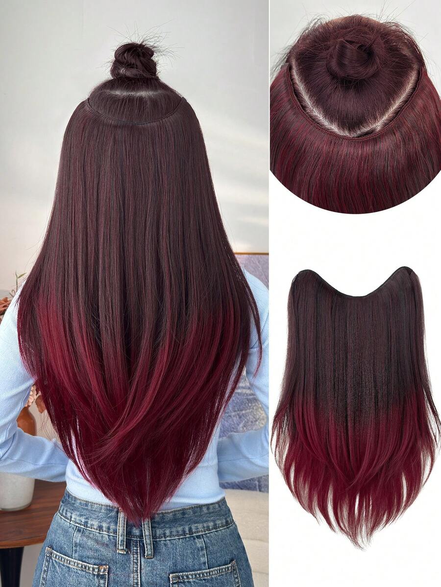 24英寸渐变黑红V型夹式耐热合成假发，适合女性在圣诞节、万圣节、音乐节、派对、旅行和日常佩戴。