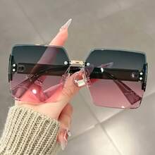 Square Large Frame Rimless Fashion Glasses With Rivet Decoration, Gradient Lenses, Thick Temple Design, Accessory For Street Photography And Parties - 灰粉紅色 - 查看 1