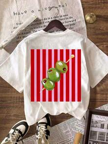 条纹橄榄绿撞色图案T恤，女士休闲圆领短袖简约T恤，夏季度假沙滩装 - 彩色 - 查看 2