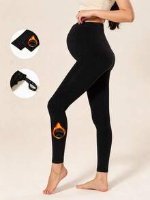 1 pièce Collants de maternité noirs avec doublure thermique, couleur unie, mode, taille ajustable, convient pour le port quotidien, automne/hiver - Multicolore - Voir 1