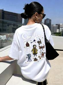 Women's Summer Cartoon And Slogan Graphic Round Neck Short Sleeved T Shirt ,Casual Loose And Versatile Holiday Style Tops,Fashionable Summer Outfits Suitable For Daily Holiday Wear,Halloween Costumes Women,Shalloween Atmosphere,Halloween Caroline And Ghost Graphic-White And Navy Off-The-Shoulder Cropped Top - 白色 - 查看 2