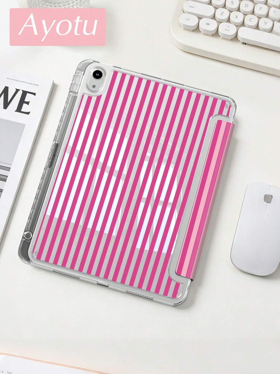 Ayotu 玫瑰红竖条纹图案保护套，Y型支架翻盖设计，兼容iPad A16、iPad Pro 13/12.9/11、iPad Air 11/13、iPad mini、iPad Air 11英寸、Kindle（第11代，2024年发布）、Kindle Paperwhite（第12代，2024年发布），个性化礼物，情人节礼物 - 彩色 - 查看 1