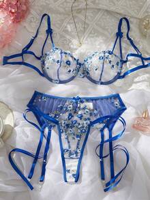 French Luxury Blue Floral Embroidery Lingerie Set, Sexy Garter Suspender Intimate Apparel - Blue - View 1