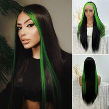 绿色挑染蕾丝前假发，直发假发 13*4 蕾丝前合成假发，黑绿条纹彩色长卷发假发，蓬松卷发假发，耐热合成纤维假发（女士款） - 挑染綠色 - 查看 11