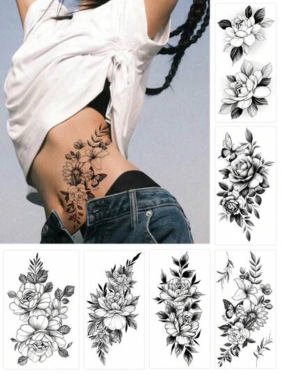 6pcs Black Rose Flower Temporary Tattoo Stickers, Realistic & Durable Arm Sketch Fake Tattoos For Women, Suitable For Daily Makeup, Festivals, Parties, Beach