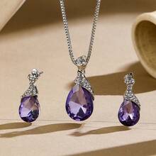 Kalung Liontin dan Anting Pejantan Berlian Imitasi - Purple - View 6