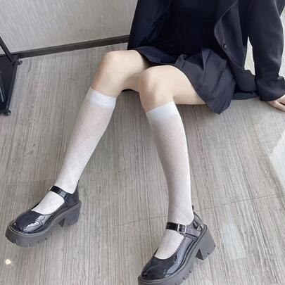 1 Pair - Spring/Summer Sheer, Cross-Patterned Argyle Jacquard Knee-High Socks | Japanese-Style Schoolgirl Aesthetic, Seamless Mid-Calf Hosiery