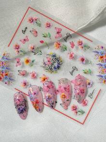 水彩花卉蝴蝶美甲贴纸，以渐变粉橙色单瓣花、簇拥小花和蓝紫色小花为特色，并饰以英文文字，设计优雅艺术，适合春日约会、度假或日常精致装扮。 - 彩色 - 查看 2