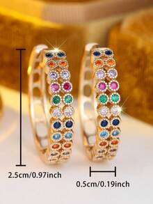 1 Pair Of Gold-Tone Pave Zirconia Multicolor Bezel Hoop Earrings Huggie Earrings Dainty Radiant Jewelry For Daily Wear Wedding Party Gift For Women - Colorful - View 5
