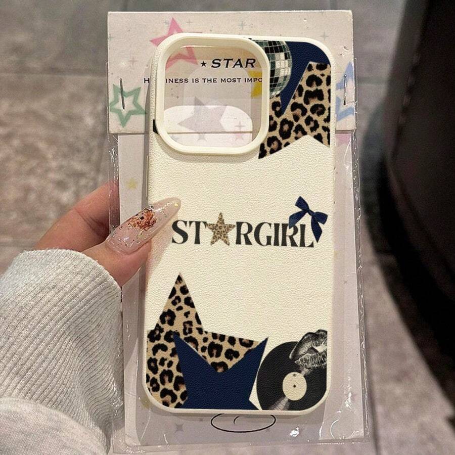 1pc TPU Material STARGIRL Leopard Print Disco Collage Pattern Phone Case, Compatible With Iphone 17 Pro Max/17/16 Pro Max/15/13/12/11, S20 FE/A15/S24/A55, Note 11/Note 12/Note 13 Pro, Full-Body Shockproof Soft Protective Cover - White - View 1
