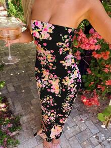 Women's Floral Digital Print Backless Bodycon Dress, Elegant Sexy Strapless Y2K Party Cocktail Beach Boho Dress, Spring/Summer/Autumn Vacation - 黑色 - 查看 4