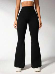 Women's Black Flare Pants, Casual Everyday Yoga Pants & Sweatpants Spring - Black - View 5