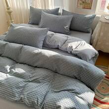 2/3 pièces Ensemble de housse de couette à carreaux, rayures, motif minimaliste, 1 housse de couette, 1/2 taies d'oreiller (sans rembourrage), tissu en lin lavé doux et respirant, durable et anti-boulochage, convient pour toutes les saisons, adapté aux lits jumeaux, doubles, queen et king, lavage machine - Vert menthe - Voir 3