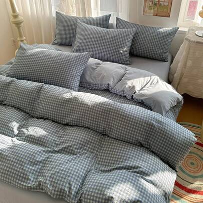 2/3pcs Plaid, Striped, Minimalist Pattern Duvet Cover Set, 1 Duvet Cover, 1/2 Pillowcases (No Filling), Soft & Breathable Washed Linen-Like Fabric, Durable & Anti-Pilling, Suitable For All Seasons, Fits Twin, Full, Queen, King Size Beds, Machine Washable