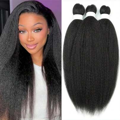 Kinky Straight Haarbundels met Lace Closure Yaki Lang Steil Haarbundel voor Hittebestendig 3 Bundels Synthetisch Haar