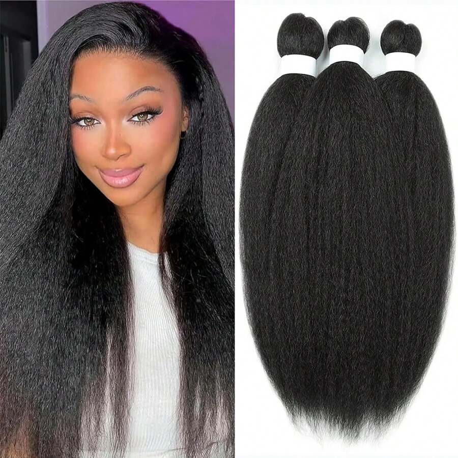 Kinky Straight Bundles With Lace Closure Yaki Long Straight Hair Bundle For Heat Resistant 3 Bundles Synthetic Hair - Black - View 1