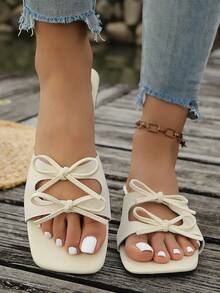 Nuevas sandalias planas de verano para mujer con estilo suave, puntera cuadrada, doble lazo, sandalias abiertas con tira, cómodas para uso diario, ir al trabajo, citas, vacaciones - Beis - Ver 1