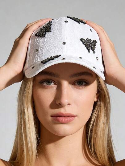 1顶女士可调节水钻棒球帽，时尚百搭尖顶帽，情侣款