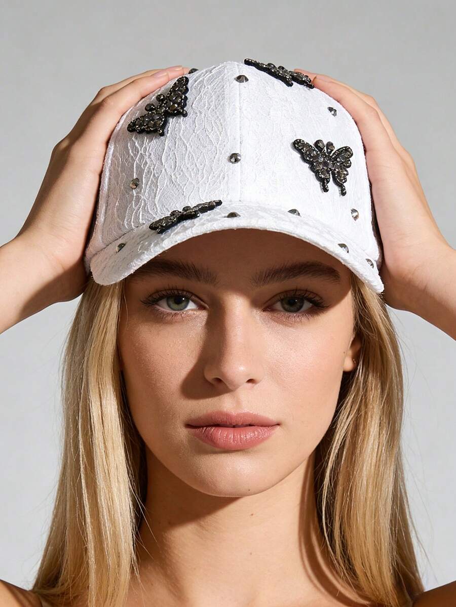 1顶女士可调节水钻棒球帽，时尚百搭尖顶帽，情侣款 - 棒球帽 - 查看 1