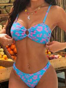 2pcs Plus Size Sexy Off-Shoulder Floral Bikini Set, With Removable Swimsuit Pads, Women Summer Dress, Women Summer Clothing, Festival, Skirt, Ibiza Outfit, Women Swimwear, Blue Bikini Set - Blue - View 2