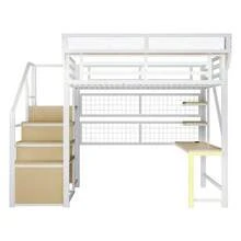 Metal Loft Bed 140 * 200 Cm, With Desk, Shelf And Storage Net, Complete With Safety Ladder, LED Lighting And Socket, Raised Railing, Black - White - View 6