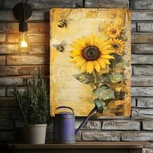 2D Flat - 1pc Of 2D Flat-Printed Vintage Wall Art Featuring Sunflowers And Bees, Made From Metal. This Retro Iron Plate Poster Measures 20.32X30.48 Cm And Is Ideal For Decorating Homes, Bars - White - View 5