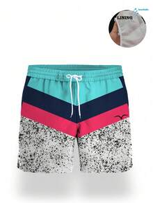 男士夏季夏威夷休闲度假弹力腰抽绳宽松泳裤，速干双层网眼内衬，海鸥艺术3D印花图案，时尚休闲沙滩短裤 - 彩色 - 查看 4