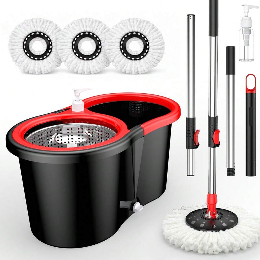 Uncut SteelColorful 360° Spin Mop And Bucket Set With 3 Microfiber Refills 61in Stainless Steel Adjustable Extendable Pole Plastic Bucket For General Cleaning - A - Xem 1
