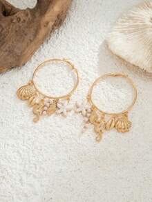 1 Pair Fashion Multi-Pendant Hoop Earrings, Versatile Ocean Life Themed Dangle Earrings, Suitable For Daily Wear, Beach Vacation, Party And Date - Multicolor - View 3