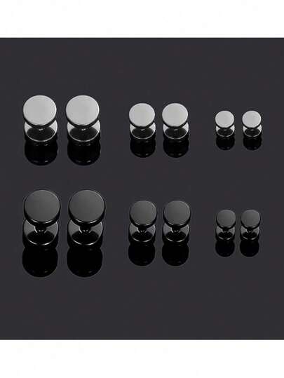 6 Pairs Of Men's Stainless Steel Earrings - Black And Steel-Colored Imitation Ear Gauges