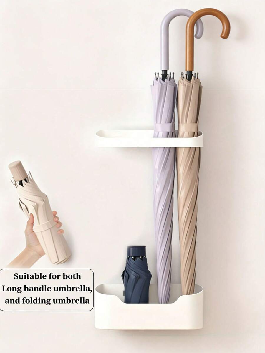 2pcs No-Drill Wall Mounted Umbrella Holder With Drip Tray, Suitable For Long Handle & Folding Umbrellas, Umbrella Storage Rack For Office, Home, Entryway