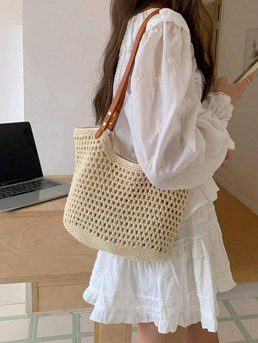 2024 New Arrival Women's Bag, Woven Beach Bag, Versatile Shoulder Bag For Beach Vacation Or Commuting School Tote Bag, School Bookbag, Portable, Foldable, Business Casual, Suitable For Teen Girls Women, Vacation Essentials, Perfect For Summer, Vacation & Beach, Newest Holiday Bag, Hottest Beach Bags ,Vacation Essentials - 杏色 - 查看 1
