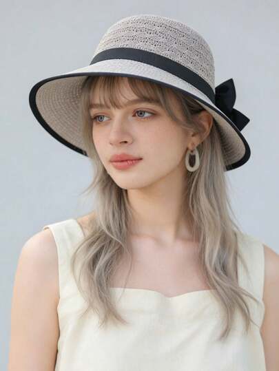 1pc Women's Straw Hat, Polyester Bohemian Style Fashion Outdoor Straw Hat, Suitable For Daily Outdoor Use