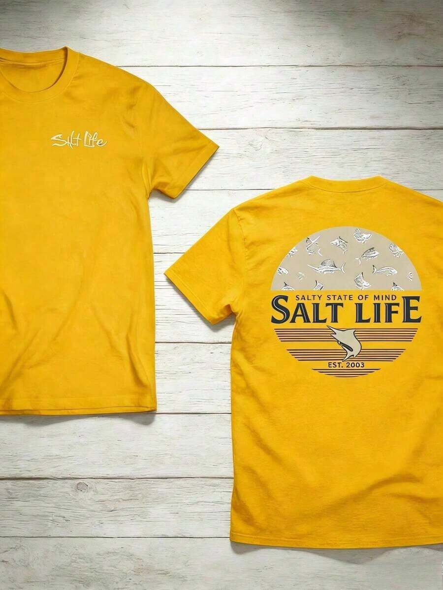 The "Salt Life" T-Shirt, Featuring A Print Of Near-Shore Fish, Is Ideal For Ocean Lovers And Beach Adventurers. Print Y2K Crew Neck T Shirt For Women, Holiday, Vacation, Spring, Festival,Graphic Tees,Vintage T Shirts,Free Shipping,100% Cotton - Màu vàng - Xem 1