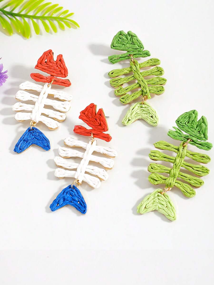 Pendientes de gota con hueso de pescado tejido de estilo bohemio hecho a mano, pendientes de gota con hueso de pescado verde, adecuados para usar en la playa durante el verano - Multicolor - Ver 1