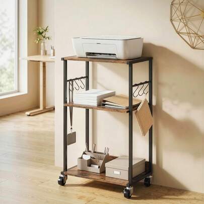 HOMCOM Carrello Porta Stampante a 3 Livelli, Supporto Stampante con Ruote con Freno e 6 Ganci, Salvaspazio in Metallo e Legno, per Casa, Studio, Ufficio, Industriale, 43x30x82cm, Color Legno