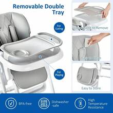 Trona plegable multifuncional para bebés y niños pequeños - Altura y respaldo ajustables, doble bandeja extraíble, tapizado en cuero PU - Fácil limpieza, desde 6 meses a 3 años - Gris claro - Ver 3