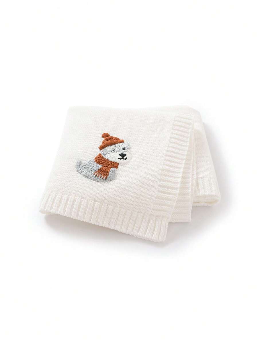 Chăn em bé dệt kim 100% cotton thêu hình cún con 3D, chăn quấn cho trẻ sơ sinh, chăn treo xe đẩy, vật dụng cần thiết cho bé suốt bốn mùa. - trắng - Xem 1